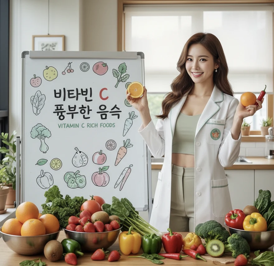 비타민 C 풍부한 음식을 소개하고 있는 영양사