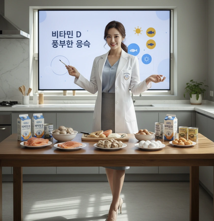 비타민 D 많은 음식을 소개하고 있는 영양사